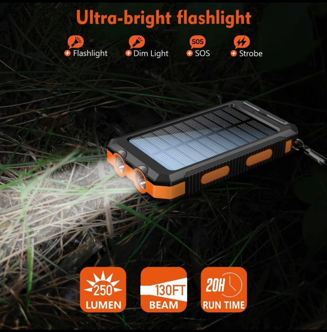 Solar Charger, 8000mAh Portable Solar Power For All Mobile Phones, Waterproof Battery Pack, Outdoor External Backup Power Charger Dual USB 5V Output -LED Flashlight, Perfect For Camping Trips